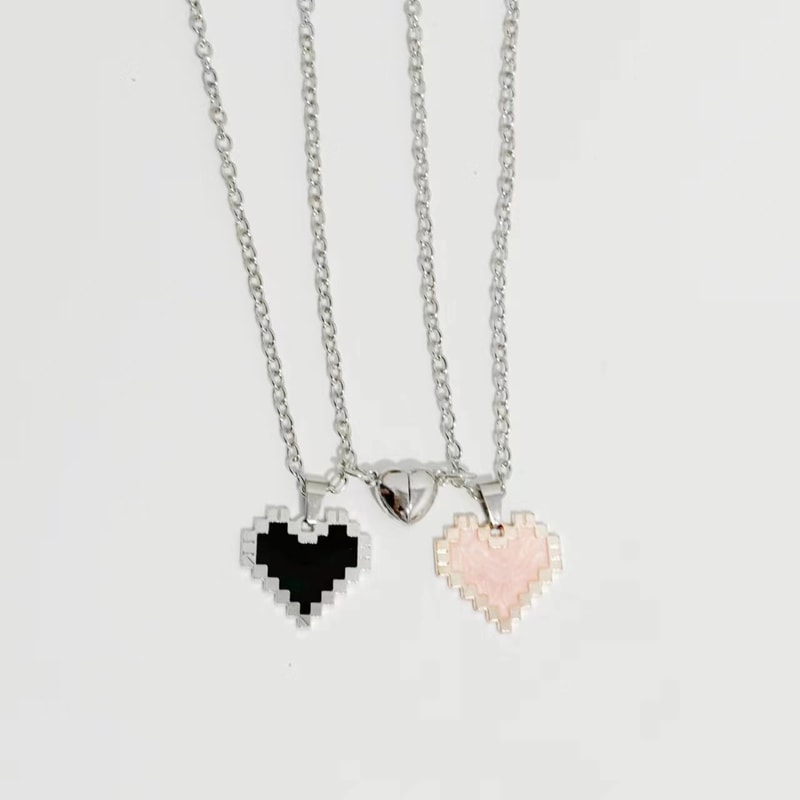 Pixel Heart Couple Necklace Mosaic Magnetic Attraction Heart Pendant Necklace For Women Men Jewelry 4