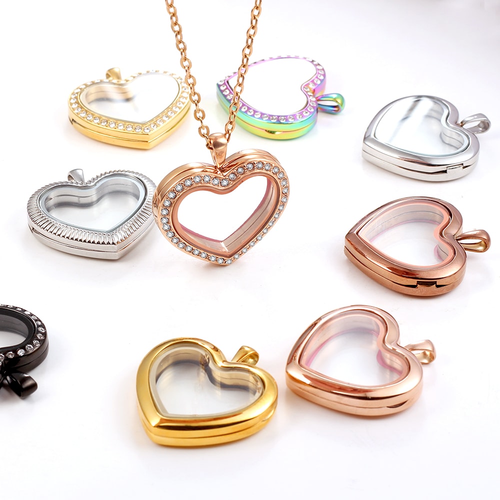 Stainless Steel Living Glass Locket Peach Heart Floating Charm Magnetic Closure Chain Necklace 2