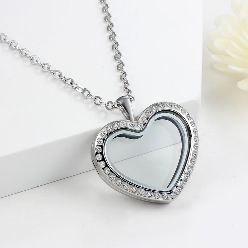 Stainless Steel Living Glass Locket Peach Heart Floating Charm Magnetic Closure Chain Necklace 3