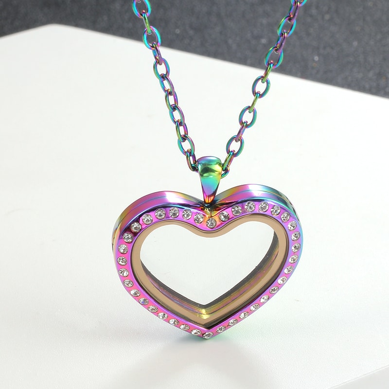 Stainless Steel Living Glass Locket Peach Heart Floating Charm Magnetic Closure Chain Necklace 5