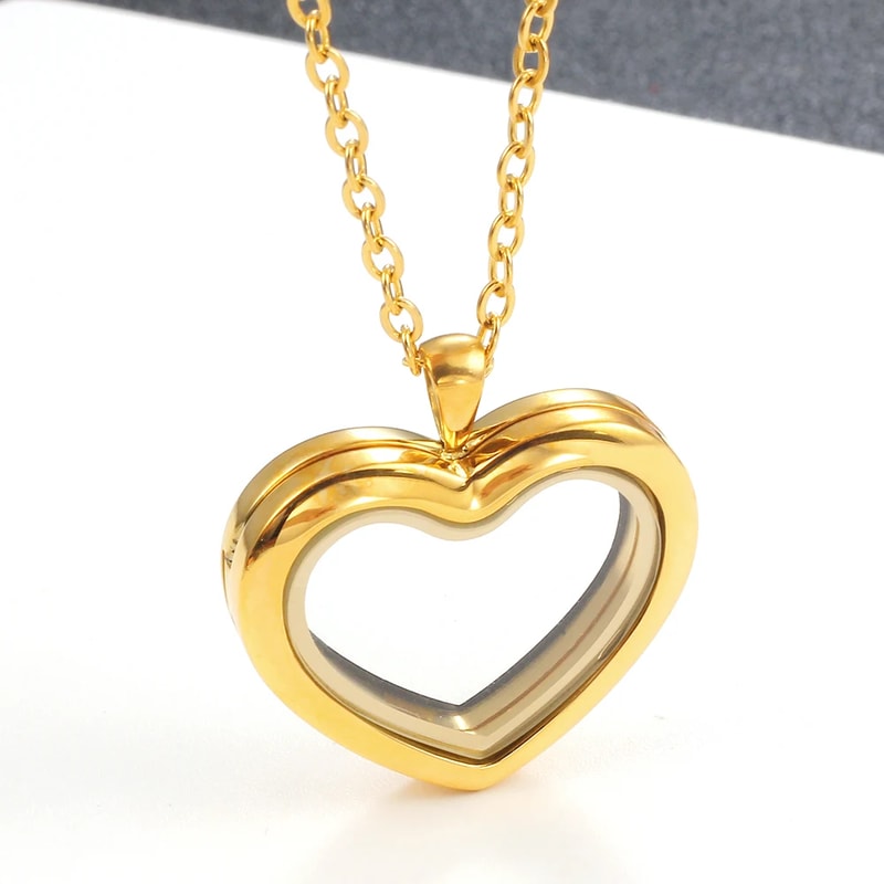 Stainless Steel Living Glass Locket Peach Heart Floating Charm Magnetic Closure Chain Necklace 6
