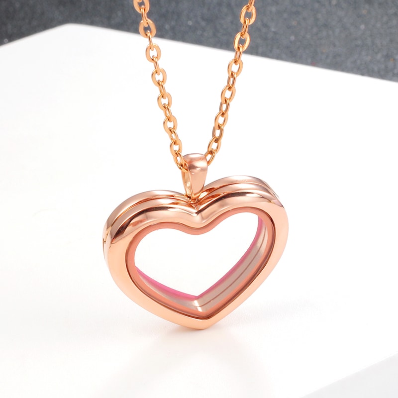 Stainless Steel Living Glass Locket Peach Heart Floating Charm Magnetic Closure Chain Necklace 7