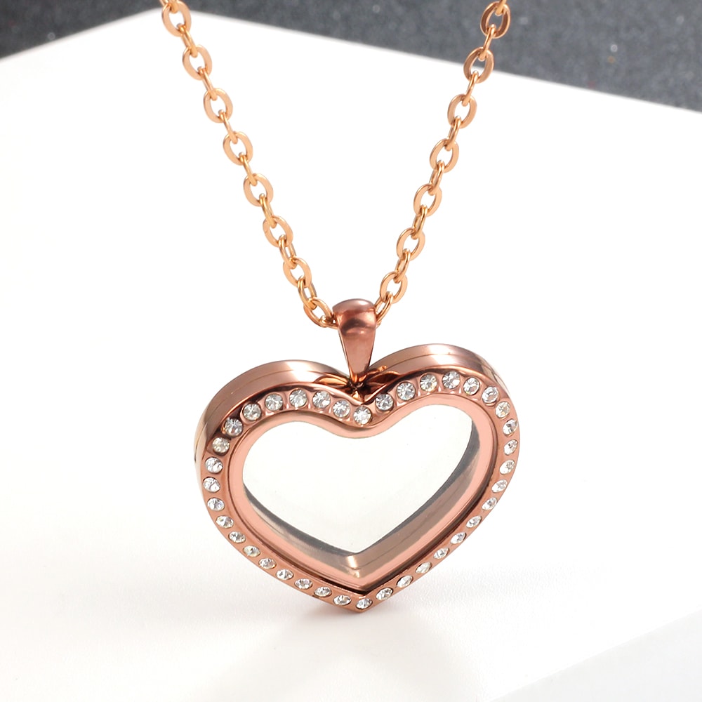Stainless Steel Living Glass Locket Peach Heart Floating Charm Magnetic Closure Chain Necklace 4
