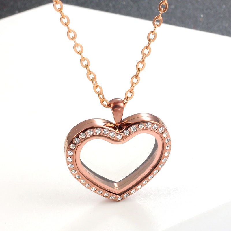 Stainless Steel Living Glass Locket Peach Heart Floating Charm Magnetic Closure Chain Necklace 4
