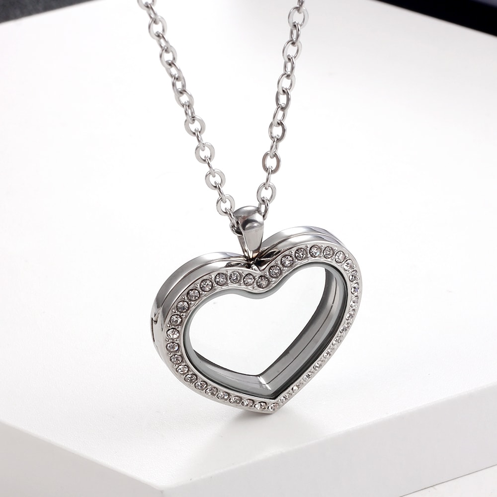 Stainless Steel Living Glass Locket Peach Heart Floating Charm Magnetic Closure Chain Necklace 9