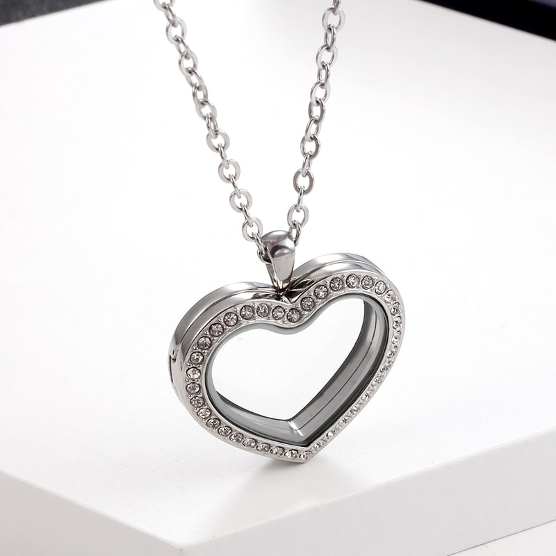 Stainless Steel Living Glass Locket Peach Heart Floating Charm Magnetic Closure Chain Necklace 9