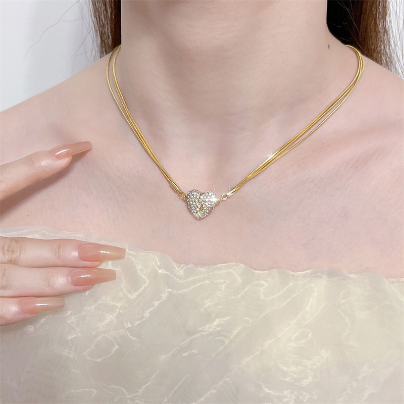 Love HeartShaped Magnet Pendant Necklace Stainless Steel Zircon Clavicle Chain Jewelry For Women Pa 2