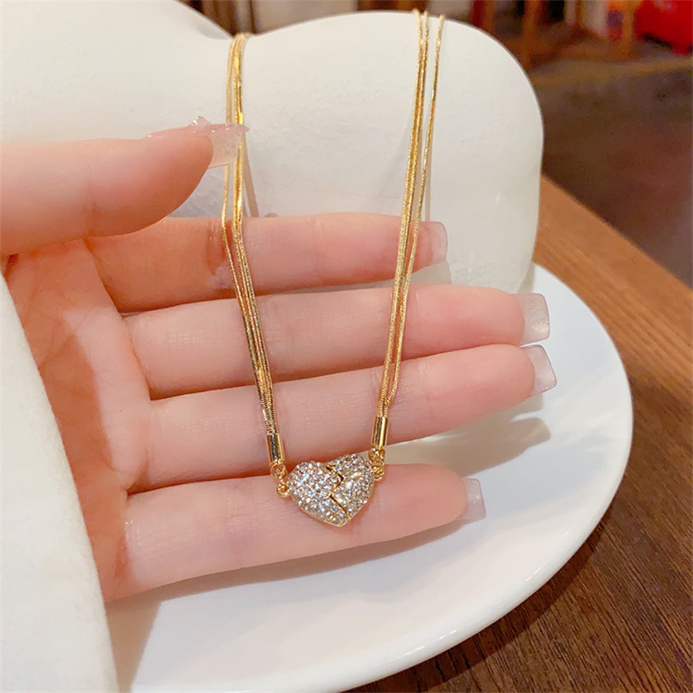 Love HeartShaped Magnet Pendant Necklace Stainless Steel Zircon Clavicle Chain Jewelry For Women Pa 4