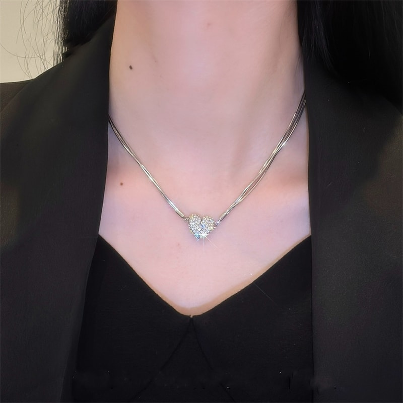 Love HeartShaped Magnet Pendant Necklace Stainless Steel Zircon Clavicle Chain Jewelry For Women Pa 5