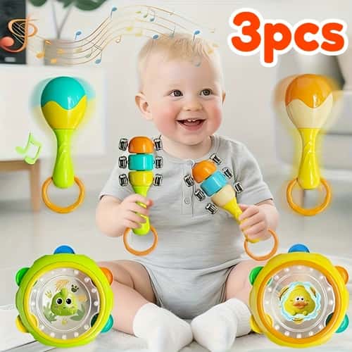 Vibrant Yellow and Green Musical Hand Drum and Bell Set Perfect for Christmas and Halloween Gifts