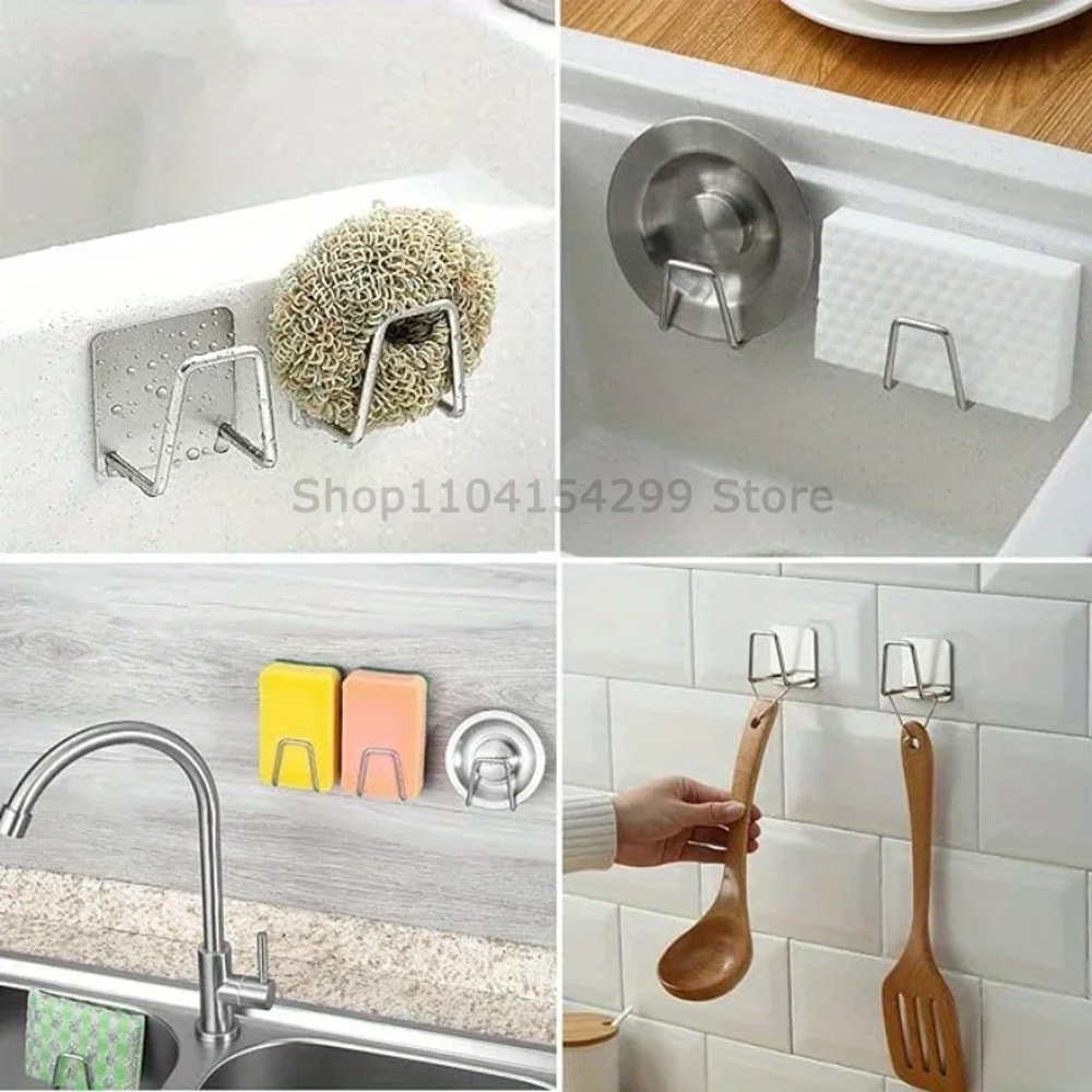 Stainless Steel Kitchen Sponges Holder Sink Sponges Drying Rack Self Adhesive Storage Wall Hooks Or 3