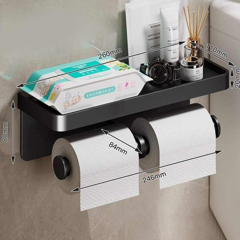 Aluminum Alloy No Drill Toilet Paper Holder WallMounted Tissue Rack Bathroom Storage 9