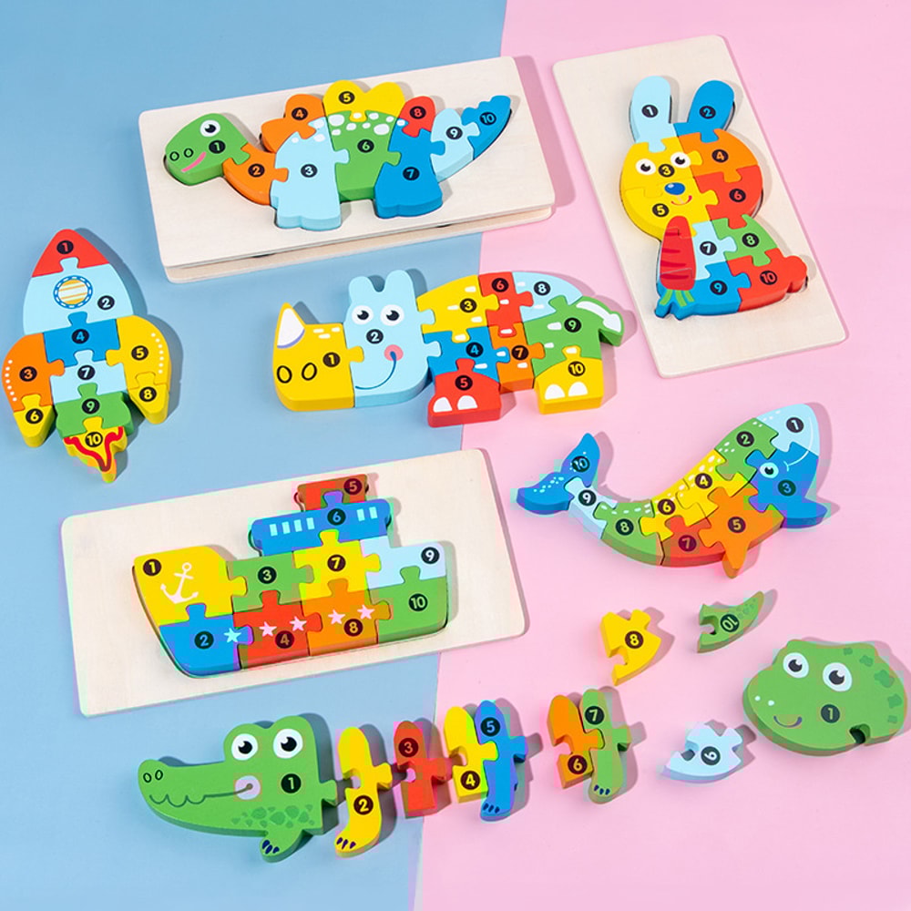 3D Stereoscopic Montessori Wooden Puzzle Cartoon Dinosaur Animal Shape Color Cognitive Educational 2