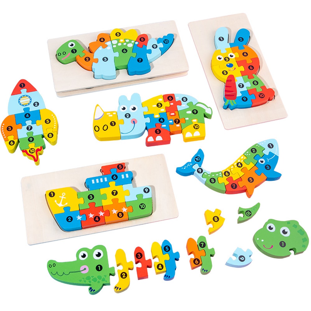 3D Stereoscopic Montessori Wooden Puzzle Cartoon Dinosaur Animal Shape Color Cognitive Educational 4