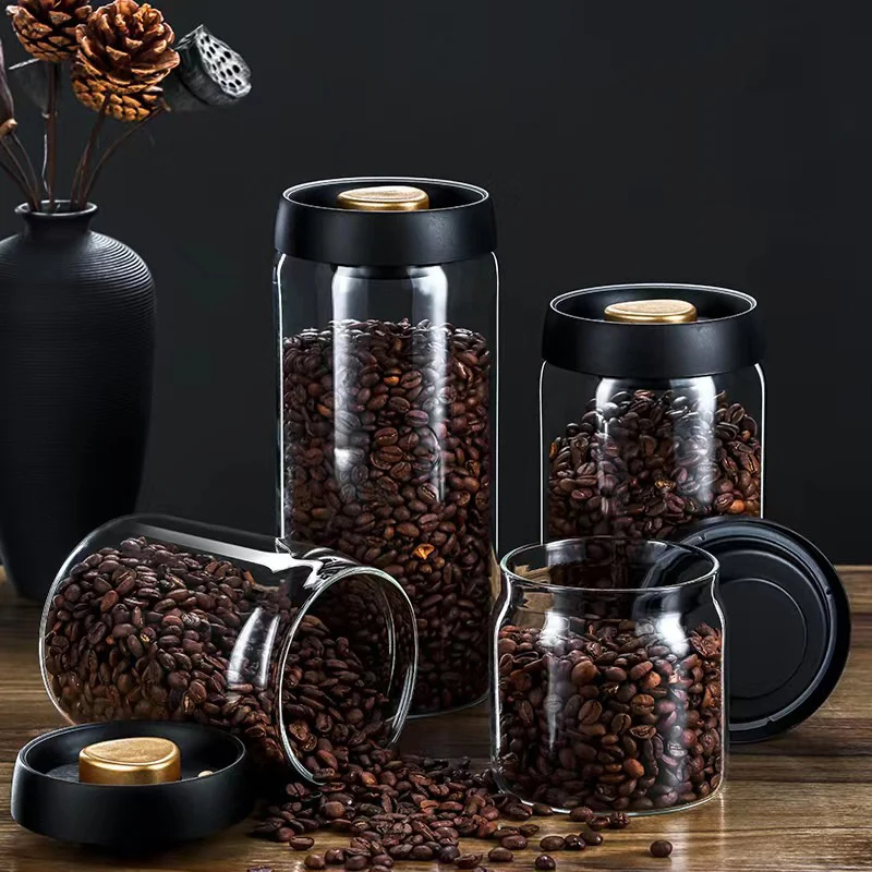 Transparent Glass Coffee Beans Storage Jars Vacuum Sealed Tank Airtight Food Storage Household Mois 3