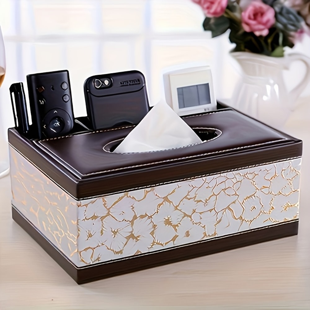 Stylish Living Room Decor Faux Leather Tissue Box Cover With Remote Holder Desktop Storage Organize 3