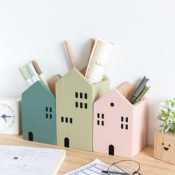 wooden pen holder cartoon house storage box for stationery makeup brushes student desktop organizer
