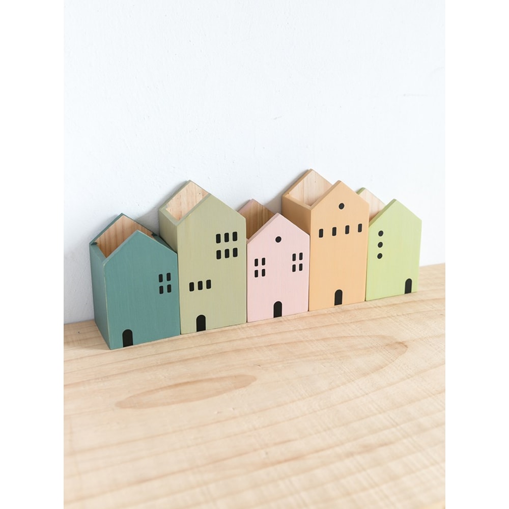Wooden Pen Holder Cartoon House Storage Box for Stationery Makeup Brushes Student Desktop Organizer