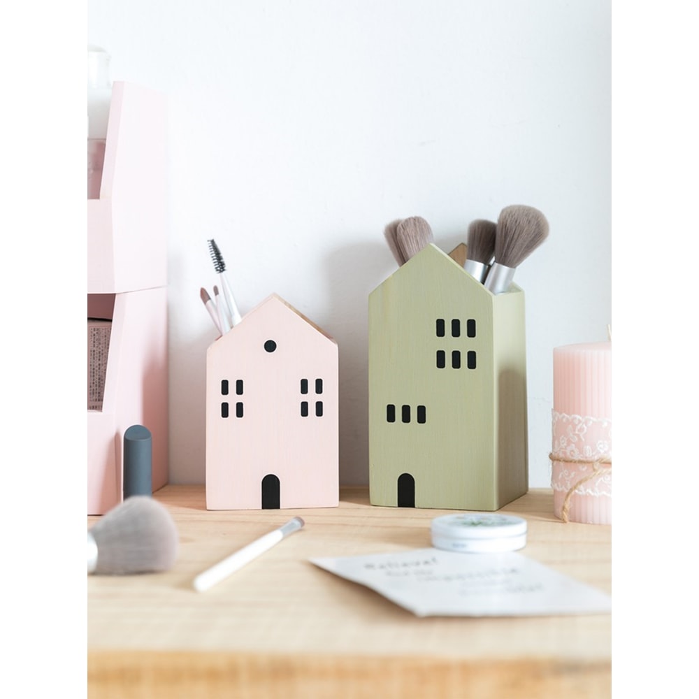 Wooden Pen Holder Cartoon House Storage Box for Stationery Makeup Brushes Student Desktop Organizer