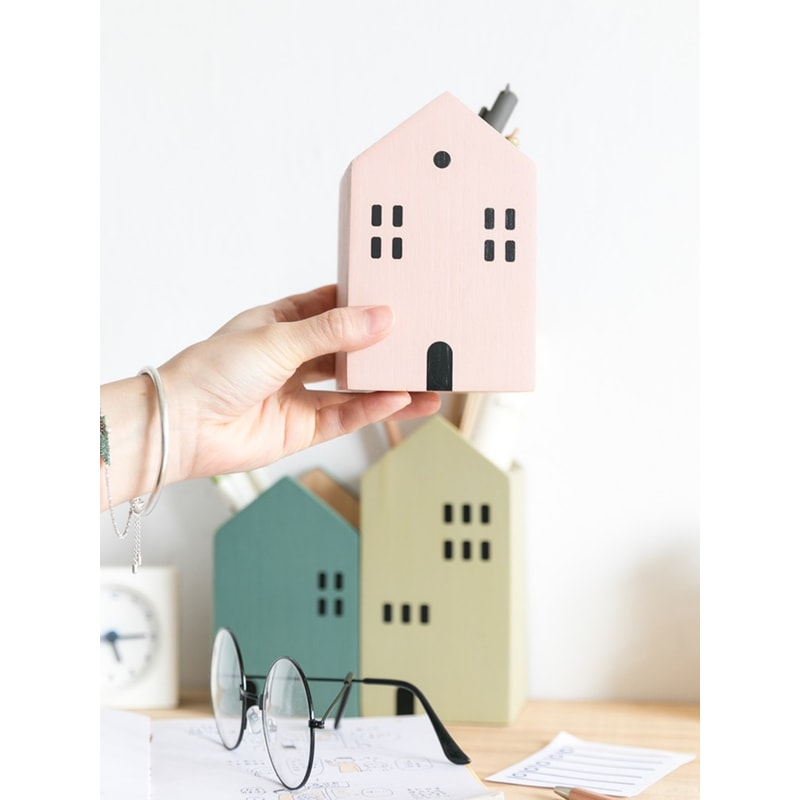 Wooden Pen Holder Cartoon House Storage Box for Stationery Makeup Brushes Student Desktop Organizer