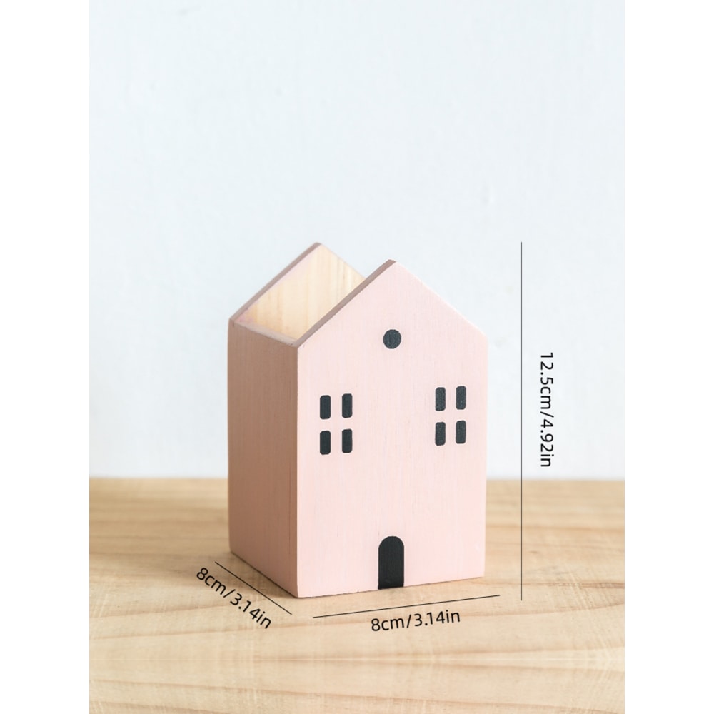 Wooden Pen Holder Cartoon House Storage Box for Stationery Makeup Brushes Student Desktop Organizer