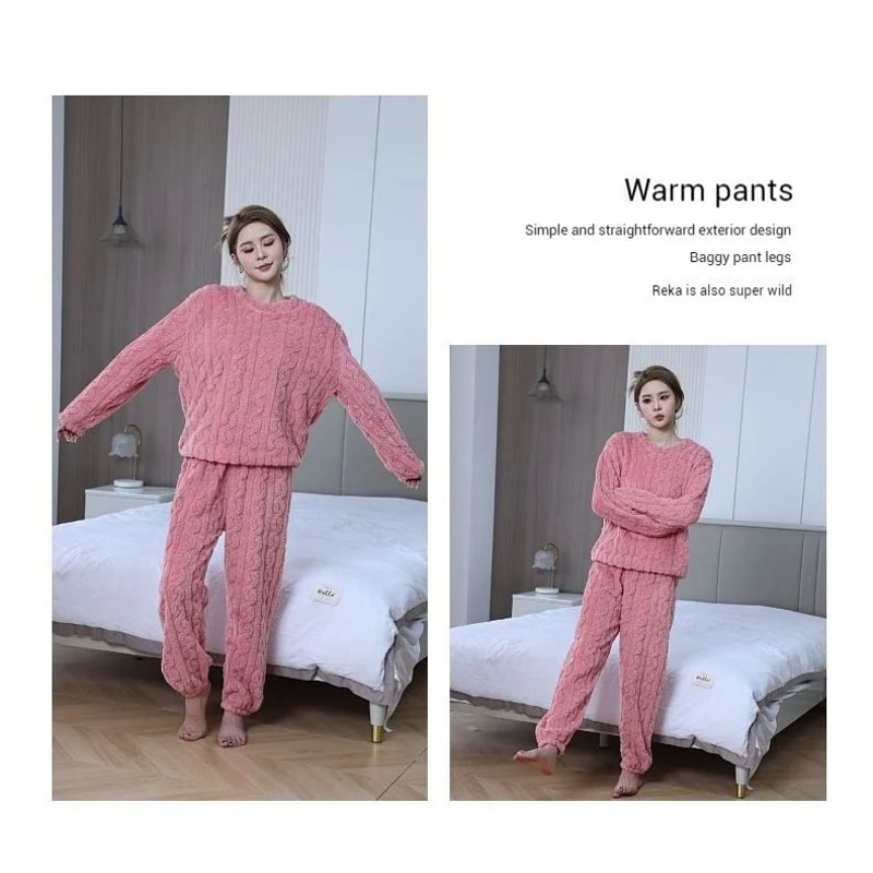 Soft Coral Velvet Pajamas Set For Women Warm Jacquard Lounge Wear Cozy Winter Outerwear Christmas W