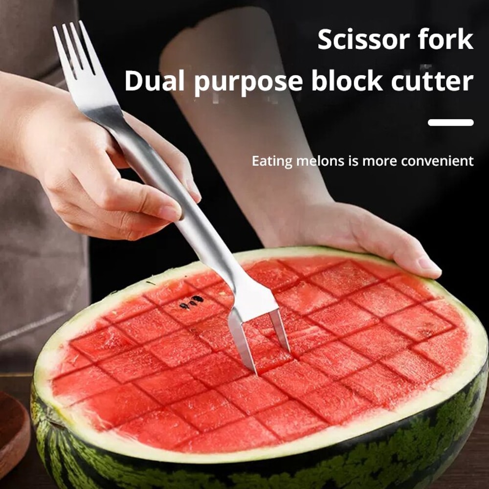 Portable 2In1 Watermelon Fork Slicer Multipurpose Cutter Knife Stainless Steel Fruit Cutting Tool 1