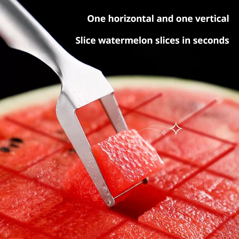 Portable 2In1 Watermelon Fork Slicer Multipurpose Cutter Knife Stainless Steel Fruit Cutting Tool 2