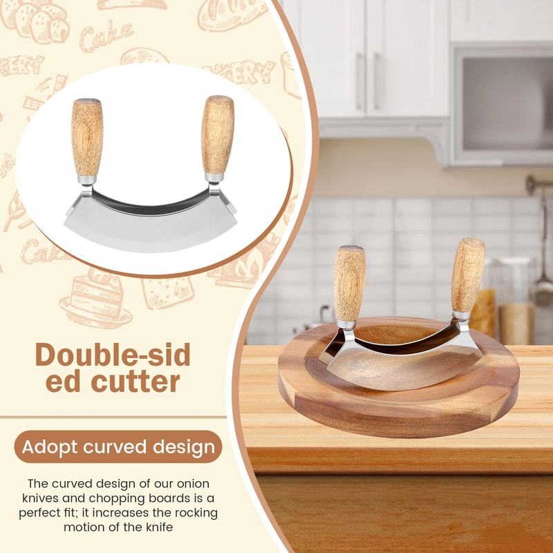 Stainless Steel Rocker Chopper Kitchen Pizza Knife Slicer Cutter Bending Double Blade Vegetable Mea 1