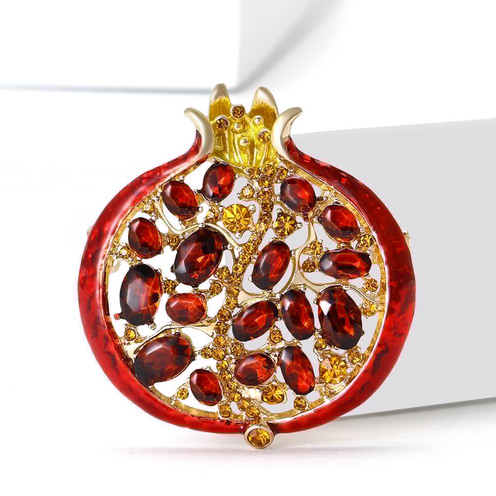 Enamel Fruit Plant Pomegranate Brooch with Luxury Rhinestones for Women Party Gifts