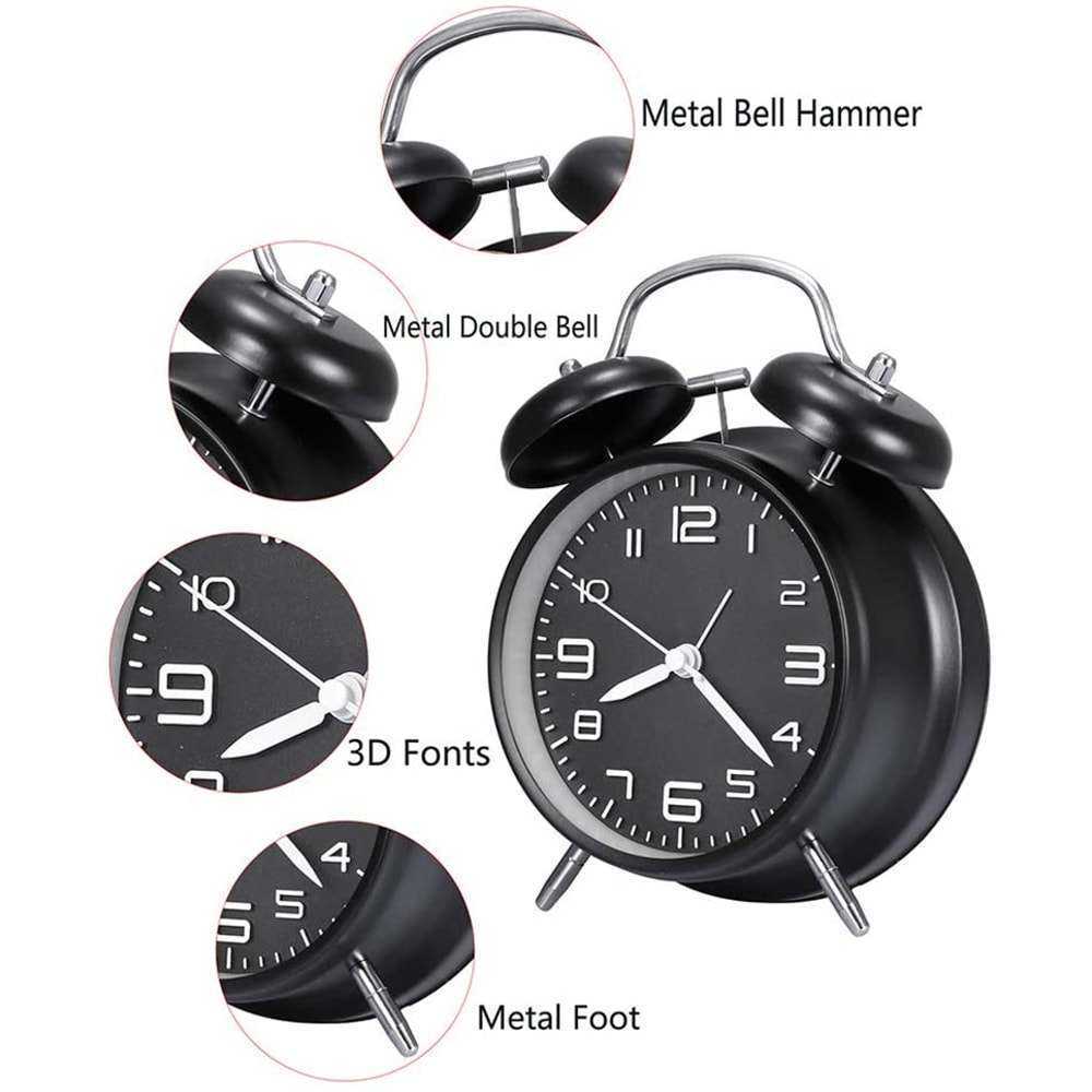 Metal Frame Twin Bell Alarm Clock With 3D Dial Backlight Battery Operated Desk Table Clock For Home 5