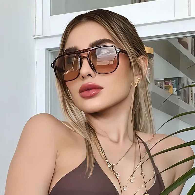Vintage Square Sunglasses for Women Men Thick Frame Double Bridges Eyewear Female Chic Polygon Sun G