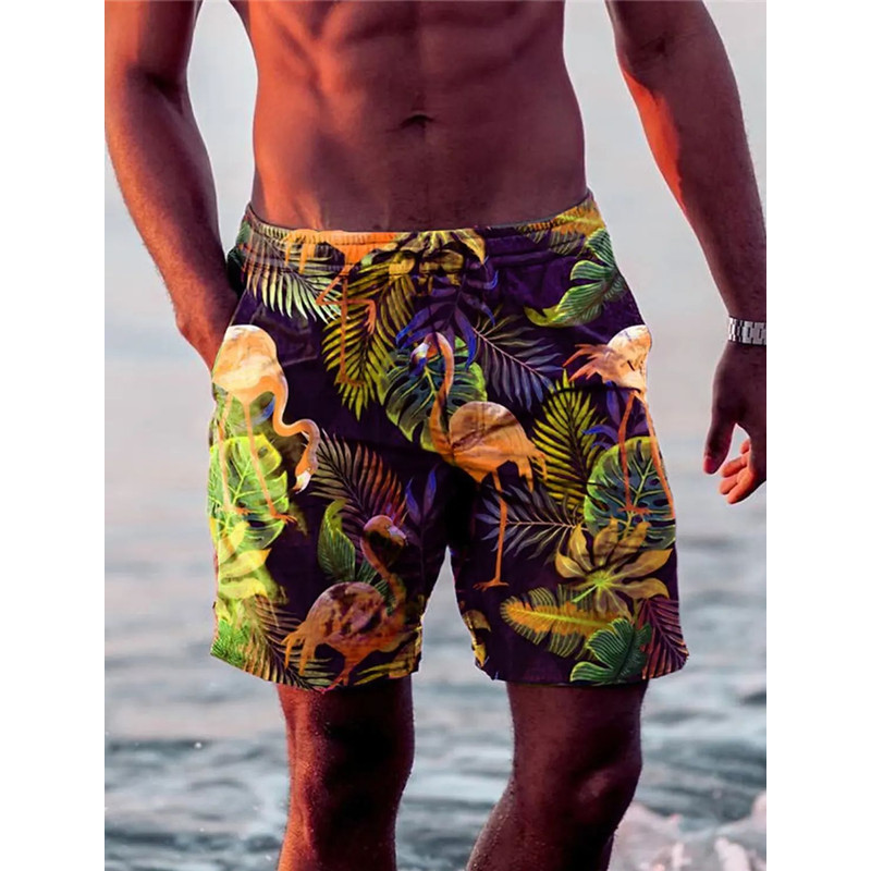 Holiday Hawaiian Mens Swim Trunks Leaf Flamingo Graphics Quick Drying Micro elastic Drawstring Sho