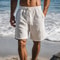 Vintage Linen Shorts for Men Solid Color Casual Beach Shorts with Drawstring LaceUp Design