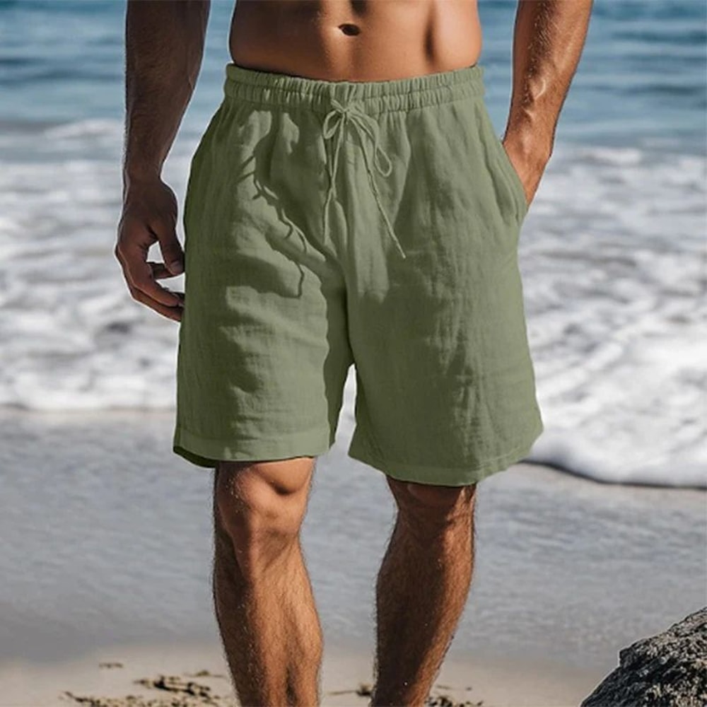 Vintage Linen Shorts for Men Solid Color Casual Beach Shorts with Drawstring LaceUp Design
