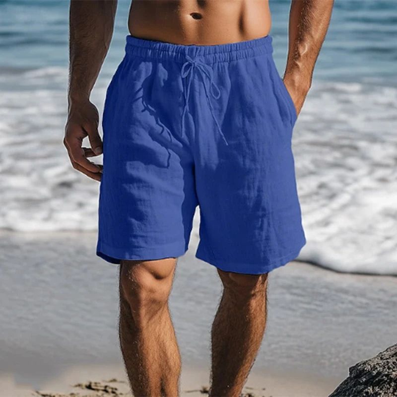 Vintage Linen Shorts for Men Solid Color Casual Beach Shorts with Drawstring LaceUp Design