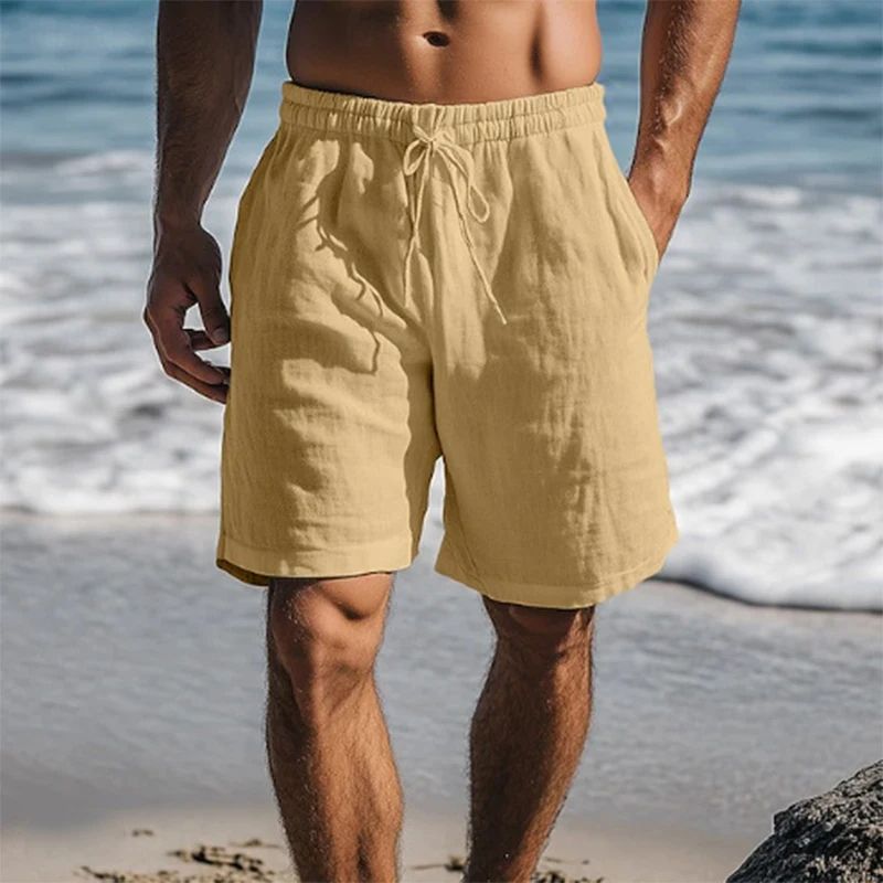 Vintage Linen Shorts for Men Solid Color Casual Beach Shorts with Drawstring LaceUp Design