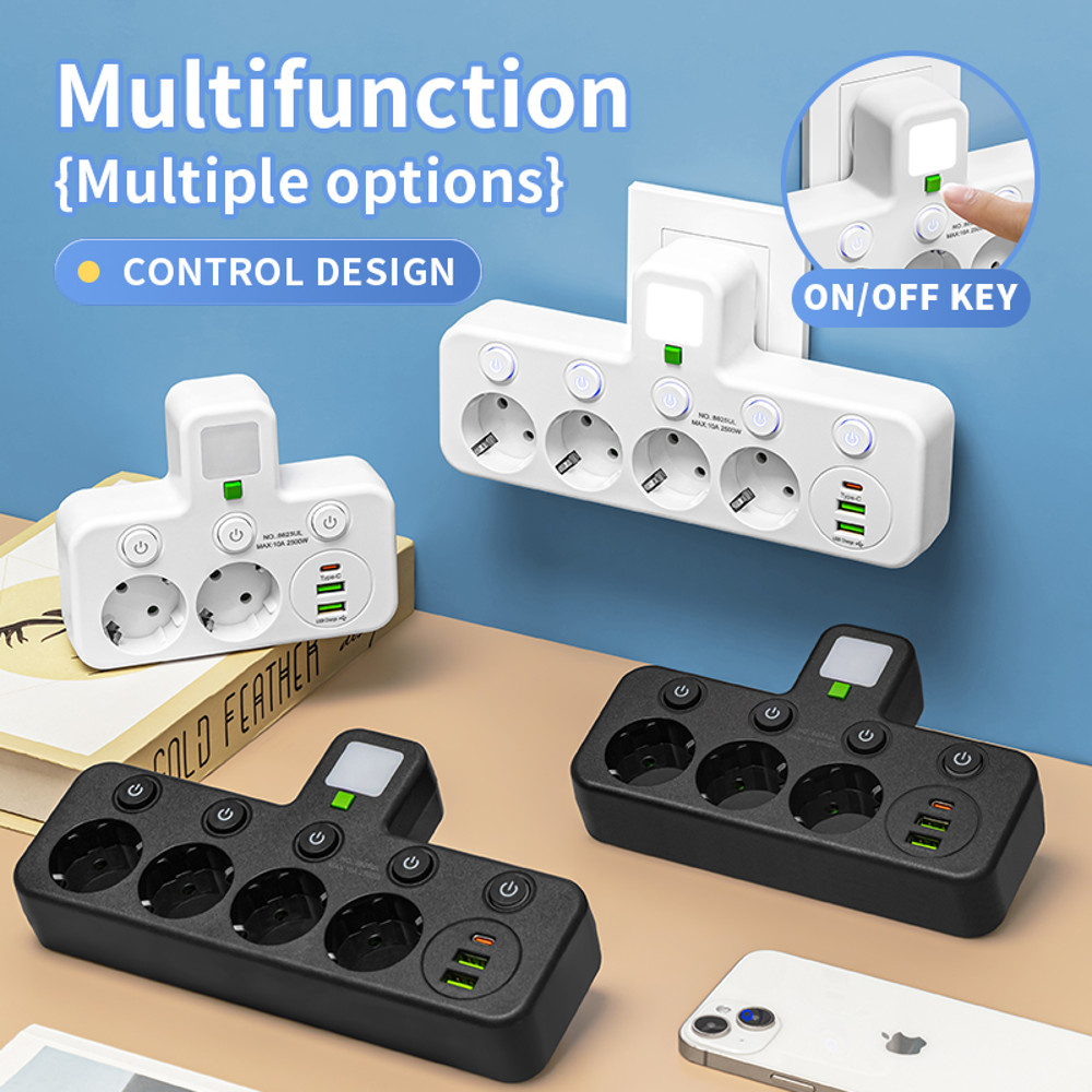 Smart Electrical Socket With Or Without USB Type C Ports 2500W Power Strip 6