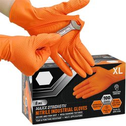 heavy duty orange nitrile gloves, industrial disposable work gloves with diamond textured grip