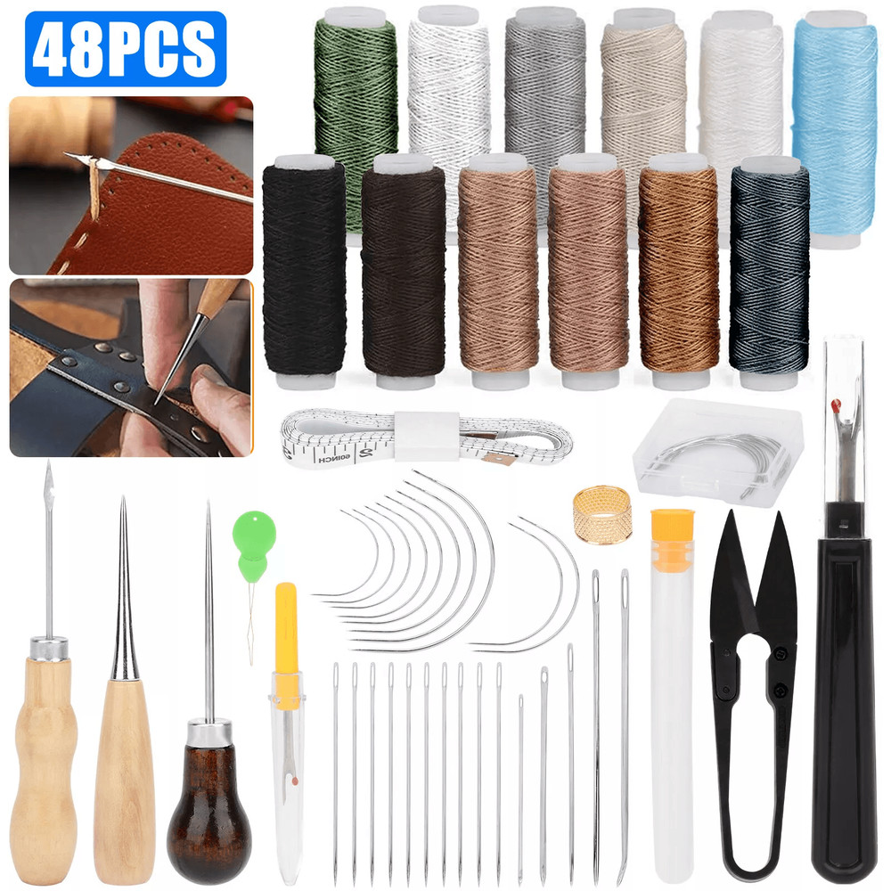 48Pcs Leather Thread Stitching Needles And Awl Hand Tools Kit For DIY Sewing Craft Leather Repair A 4