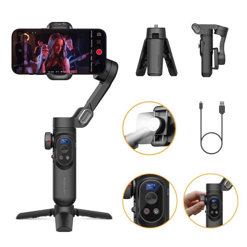 Smart XPro Smartphone 3 Axis Gimbal Stabilizer Foldable with Fill Light for iPhone & Android