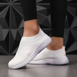 lightweight women's breathable mesh sneakers, solid color woven low top walking & running sports socks shoes