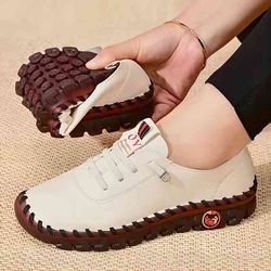 soft comfortable flat shoes for women, pu leather lace-up vulcanized casual sneakers