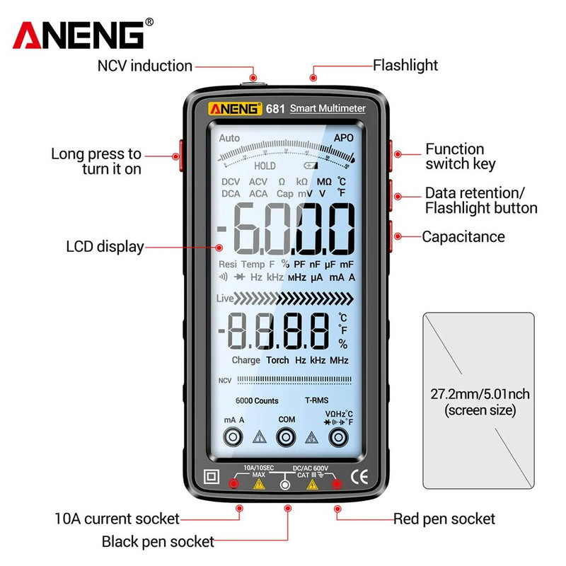Digital Multimeter Rechargeable True RMS Voltage  Current Tester With LCD Display And NonContact Vo