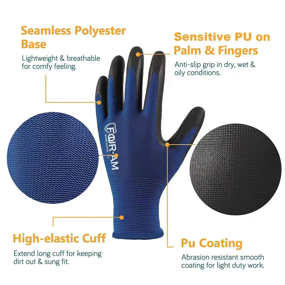 UltraThin PU Coated Safety Work Gloves Black Nylon Shell With Polyurethane Grip Knit Wrist Cuff Ind 1