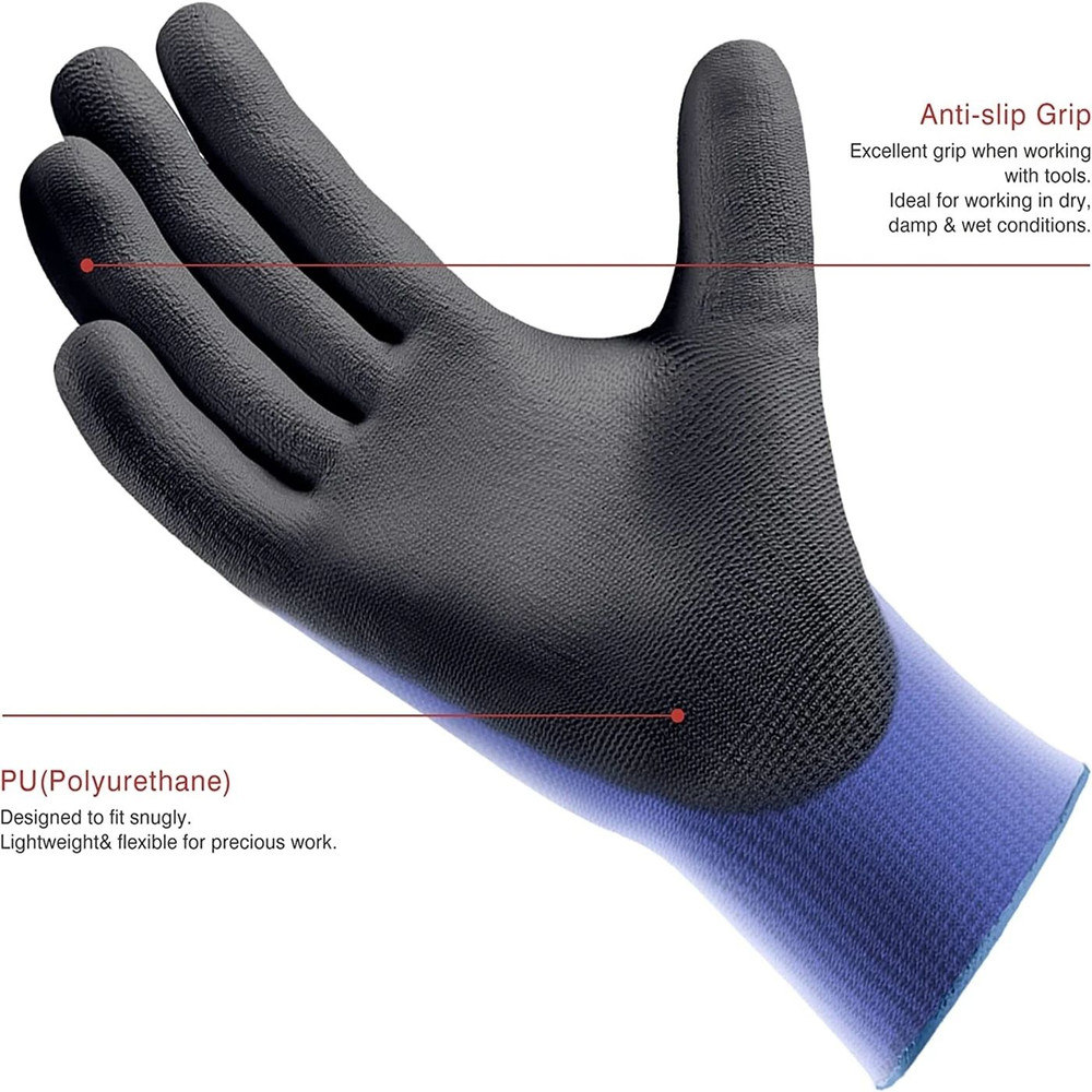 UltraThin PU Coated Safety Work Gloves Black Nylon Shell With Polyurethane Grip Knit Wrist Cuff Ind 2