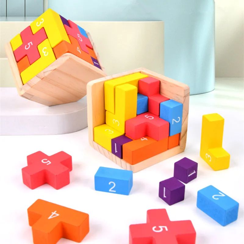 Colorful Wooden Blocks Puzzles Classic Luban Lock Cube 3D Puzzle Toys For Kids  Adults Brain Teaser 1