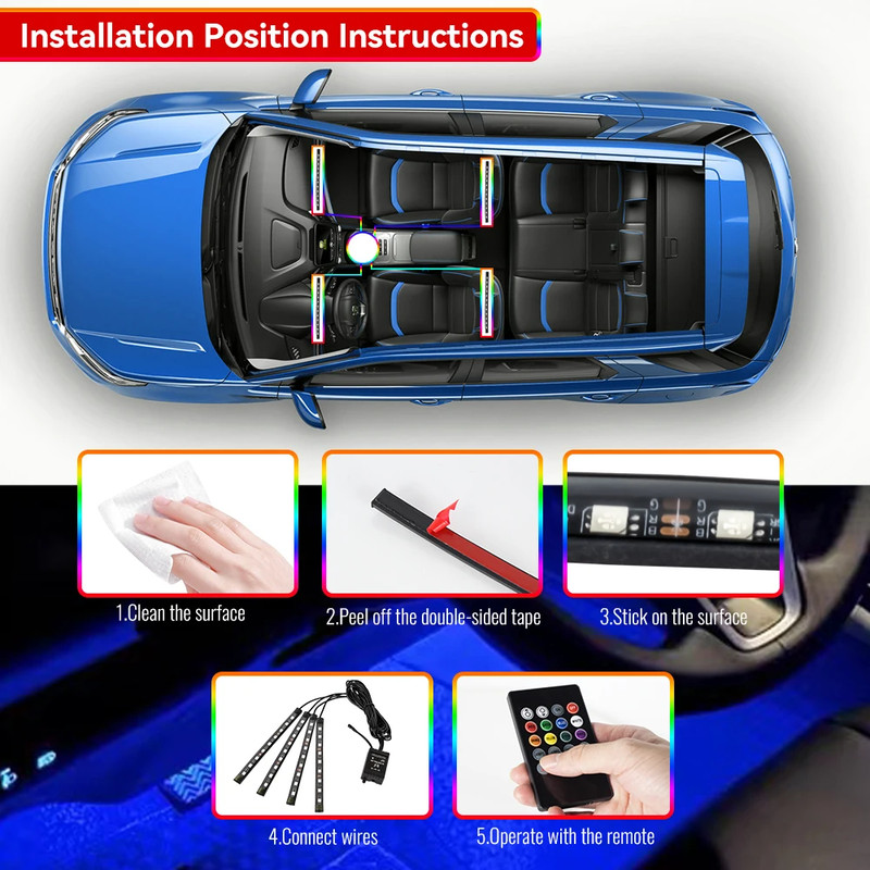 RGB Car LED Interior Lights Wireless Remote & Music Sync, USB Powered Ambient Footwell Lighting for Custom Car Decor