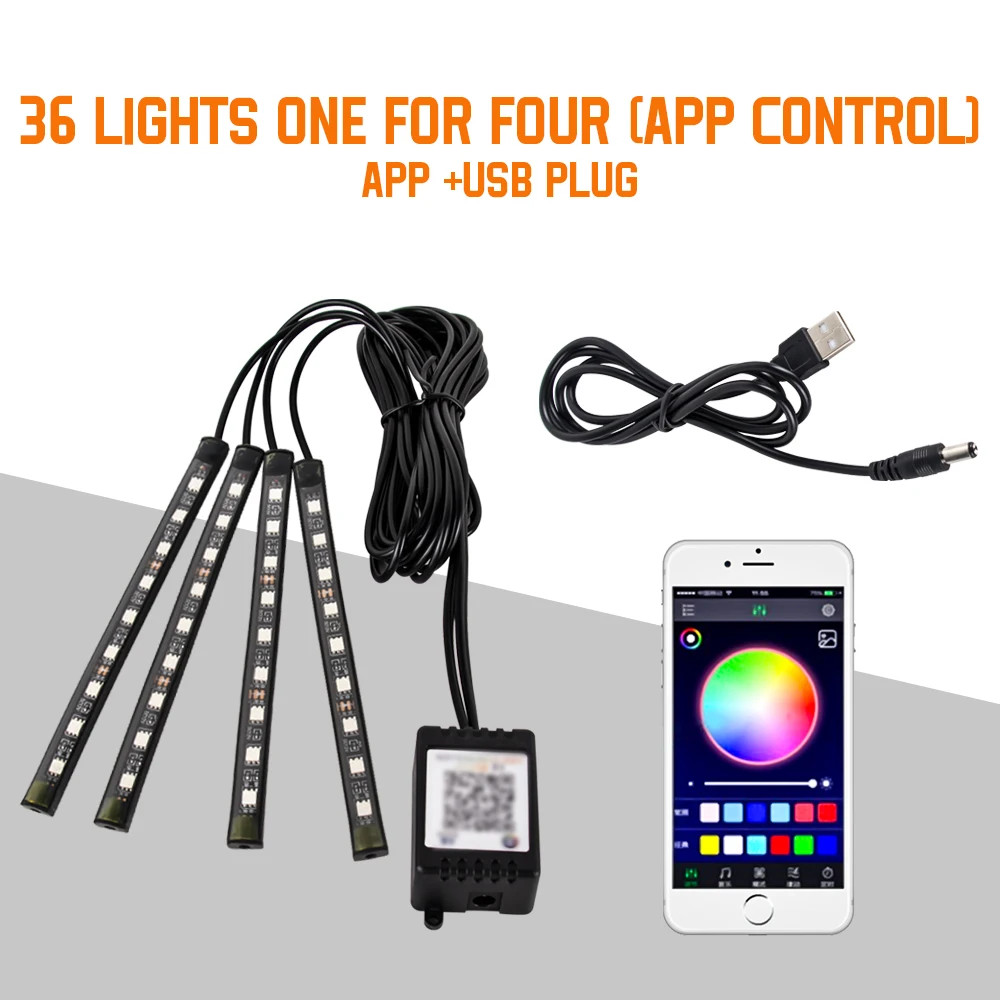 RGB Car LED Interior Lights Wireless Remote & Music Sync, USB Powered Ambient Footwell Lighting for Custom Car Decor