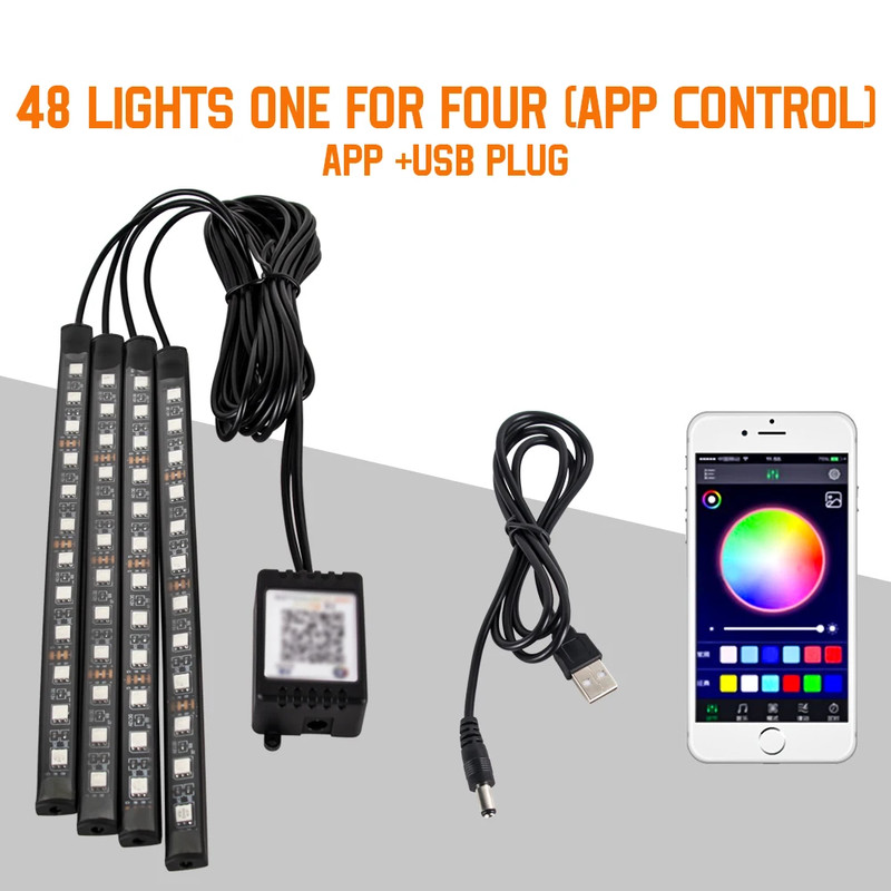 RGB Car LED Interior Lights Wireless Remote & Music Sync, USB Powered Ambient Footwell Lighting for Custom Car Decor